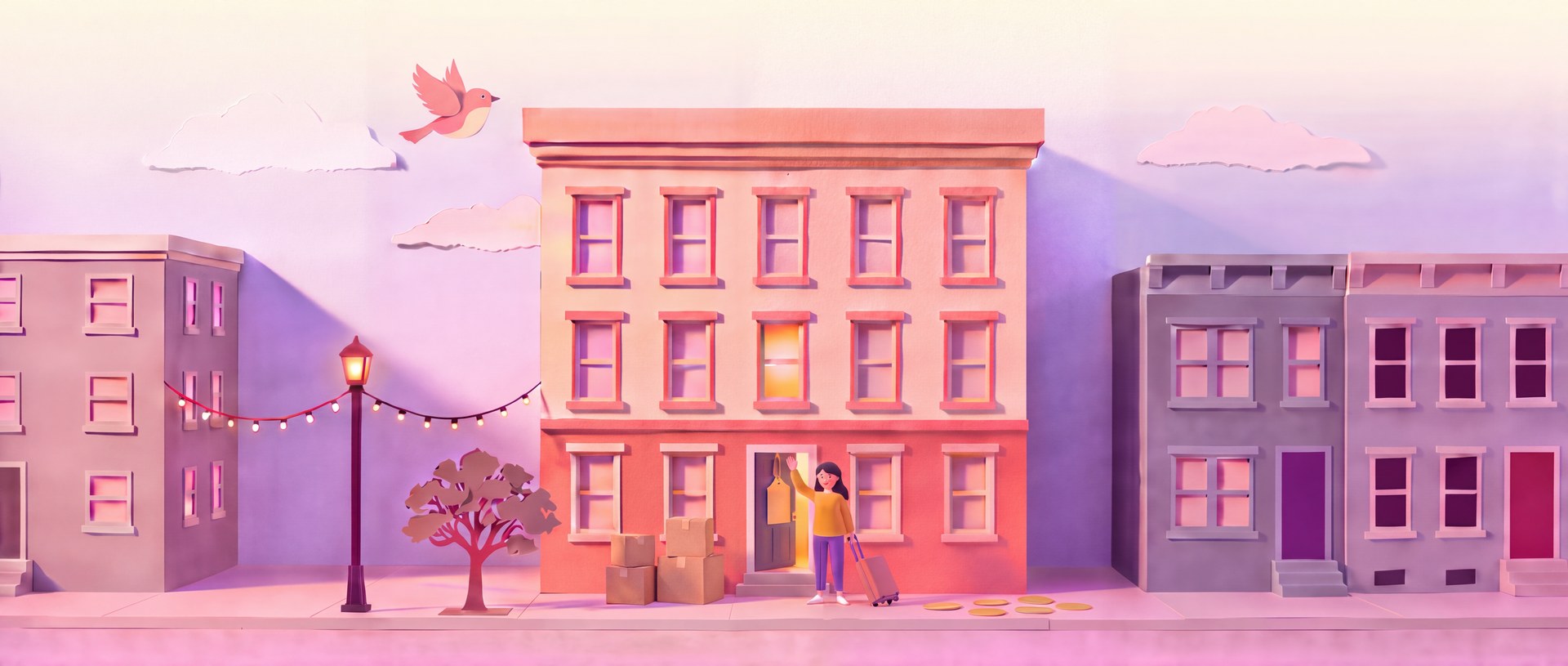 A renter waving at the open door of her new apartment at dusk, with her suitcase and her move-in payout beside her
